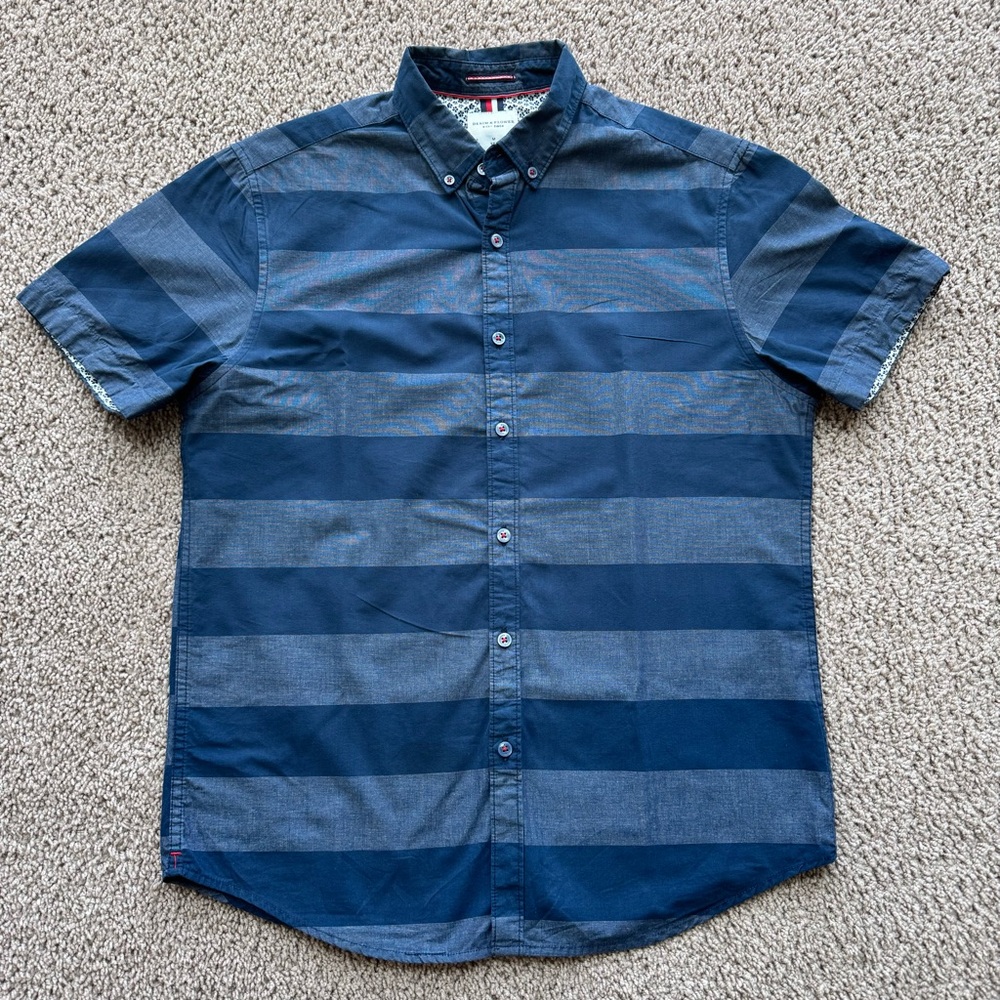 Denim & Flower Ricky Singh Shirt Mens Medium Slim Flip Cuff Blue Rugby Stripes